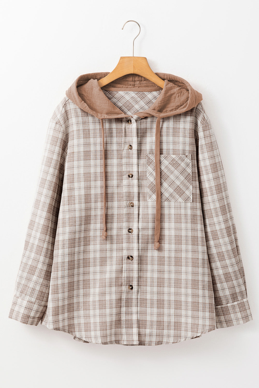 Khaki Checkered Print Loose Fit Buttoned Hooded Shacket - Glimmer Road 