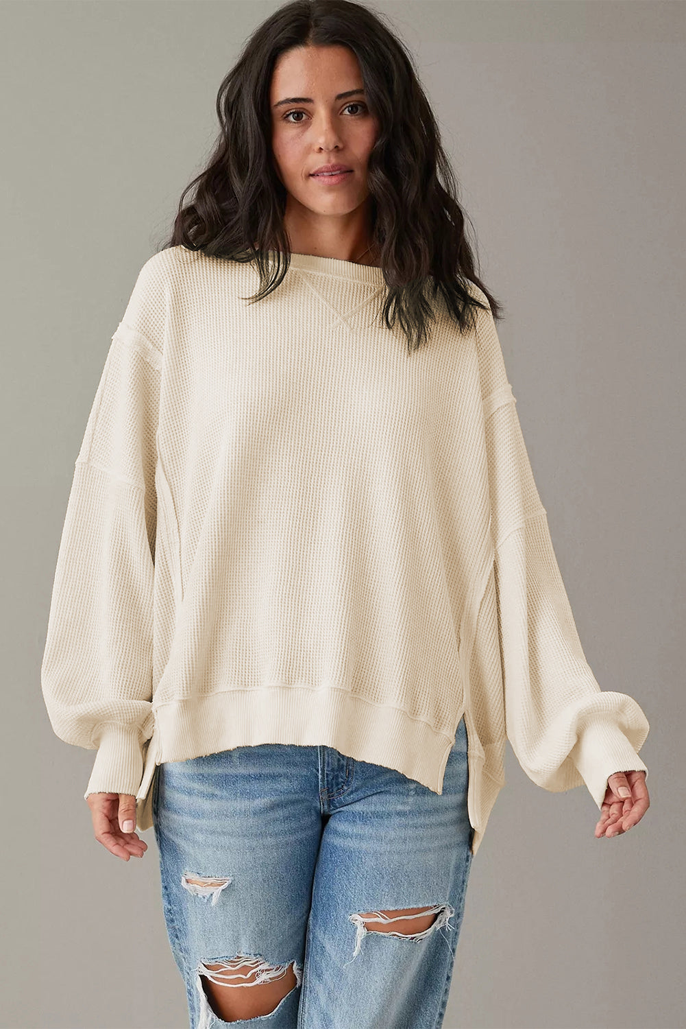 White Waffle Knit Bishop Sleeve Split Oversized Sweatshirt - Glimmer Road 