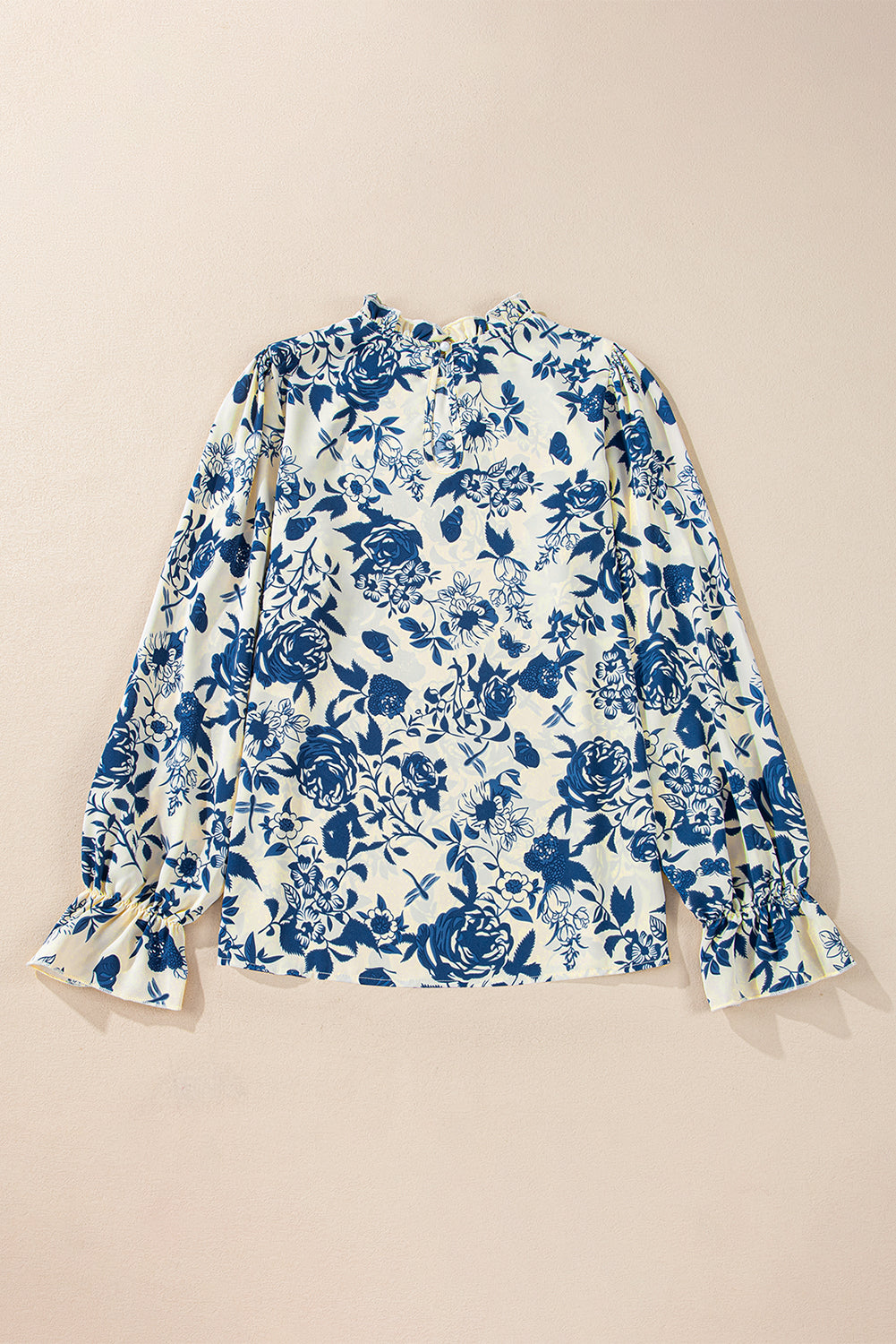 Sky Blue Floral Print Flounce Sleeve Keyhole Back Blouse - Glimmer Road 
