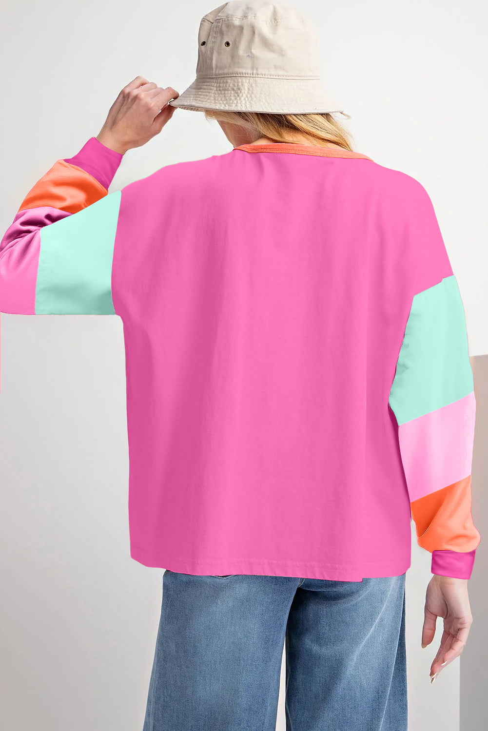 Rose Red Colorblock Patchwork Long Sleeve Loose Top - Glimmer Road 