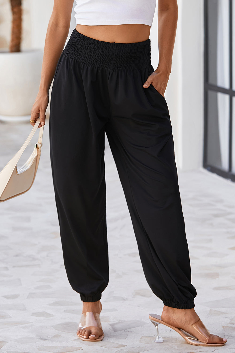 Black Smocked High Waist Joggers - Glimmer Road 