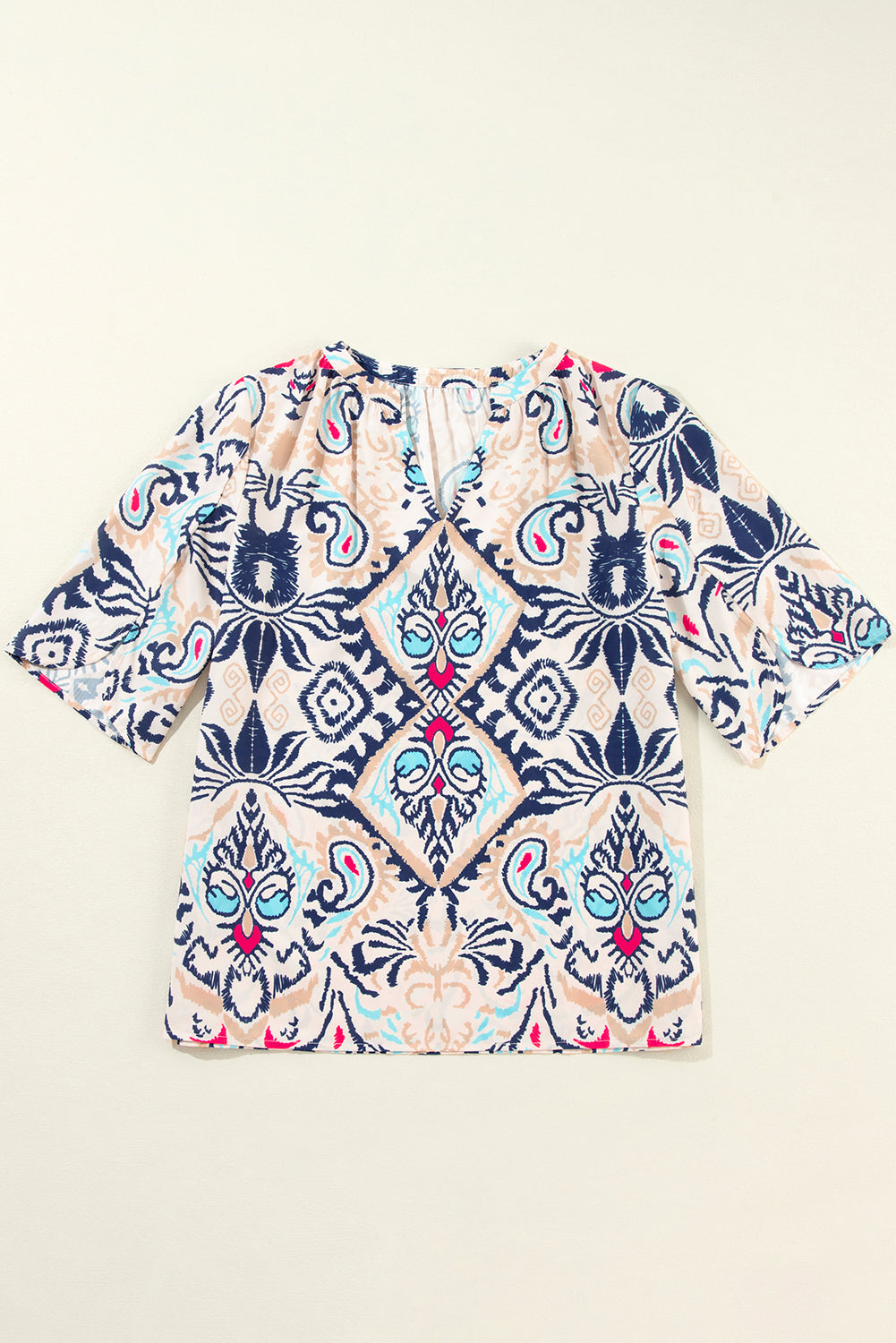 White Abstract Printed Notched V Neck Split Half Sleeve Blouse - Glimmer Road 