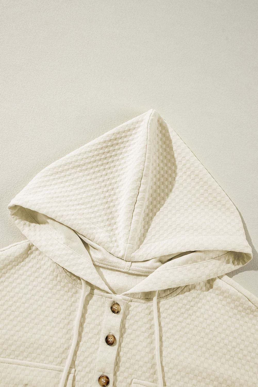 Apricot Textured Buttoned Neckline Side Pockets Hoodie