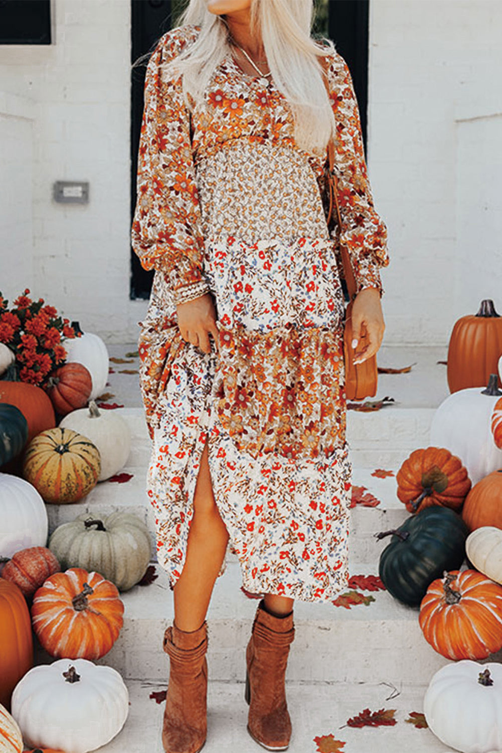 Khaki Floral Print Ruffled Tiered Long Sleeve V Neck Midi Dress - Glimmer Road 