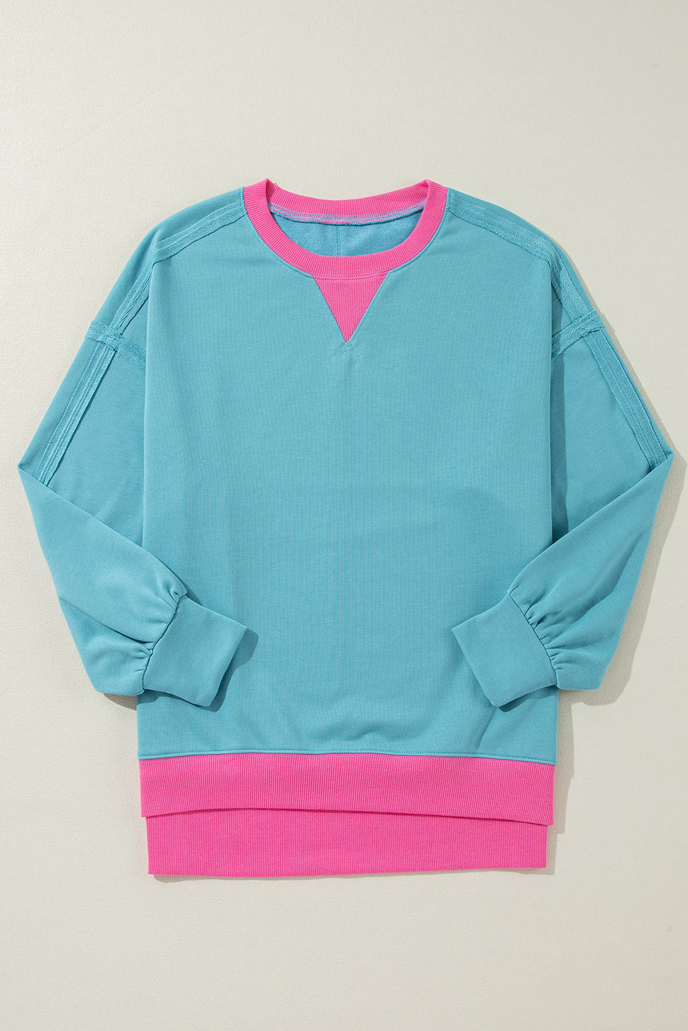 Light Blue Colorblock Patchwork Crew Neck Loose Sweatshirt - Glimmer Road 