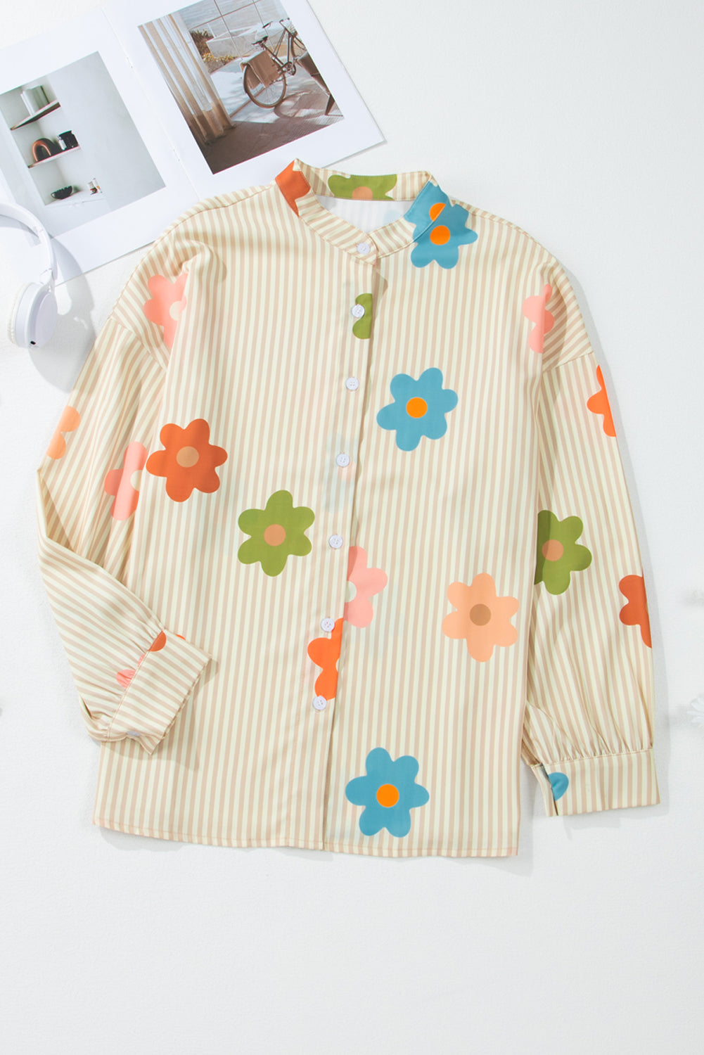 Apricot Stripe Flower Print Collared Button-up Loose Fit Shirt