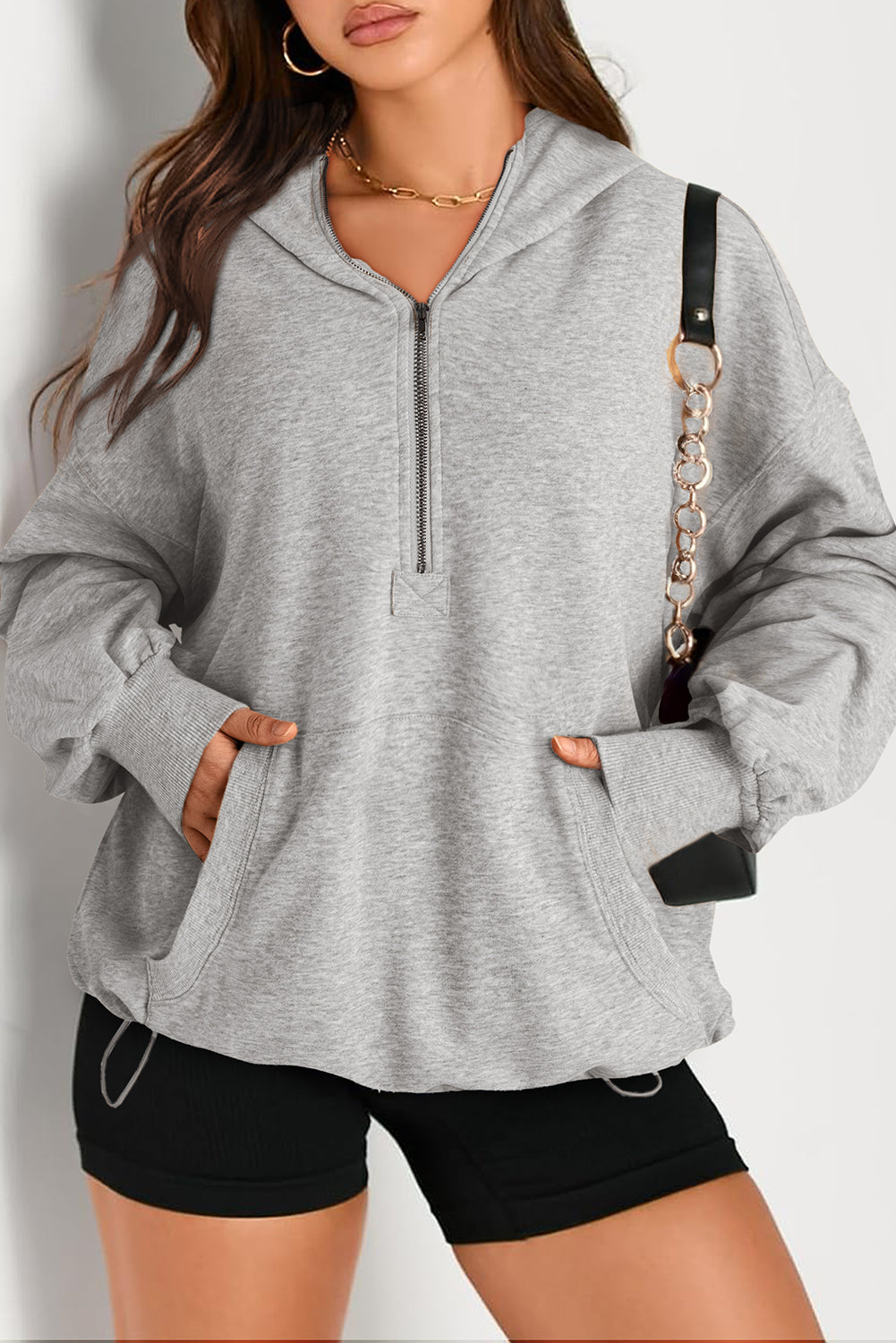 Light Grey Solid Kangaroo Pocket Half Zipper Oversized Hoodie - Glimmer Road 