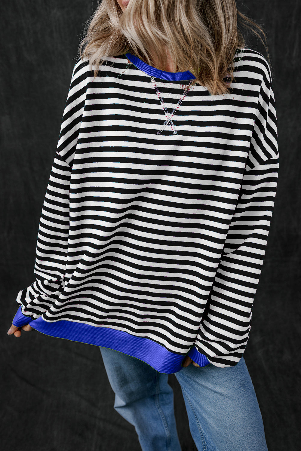 Black Stripe Oversized Contrast Trim Pullover Sweatshirt - Glimmer Road 