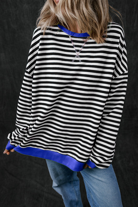 Black Stripe Oversized Contrast Trim Pullover Sweatshirt - Glimmer Road 