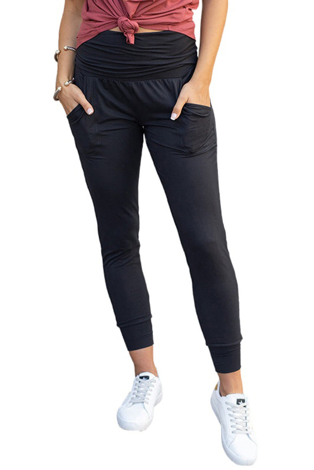 Black High Waist Pleated Pocket Leggings - Glimmer Road 