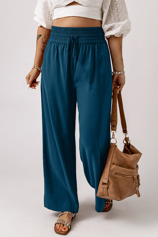 Blue Drawstring Elastic Waist Casual Wide Leg Pants