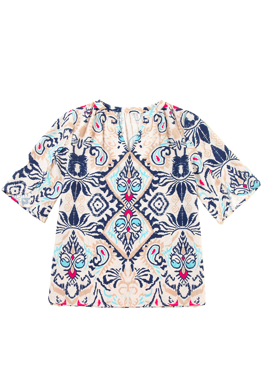 White Abstract Printed Notched V Neck Split Half Sleeve Blouse - Glimmer Road 