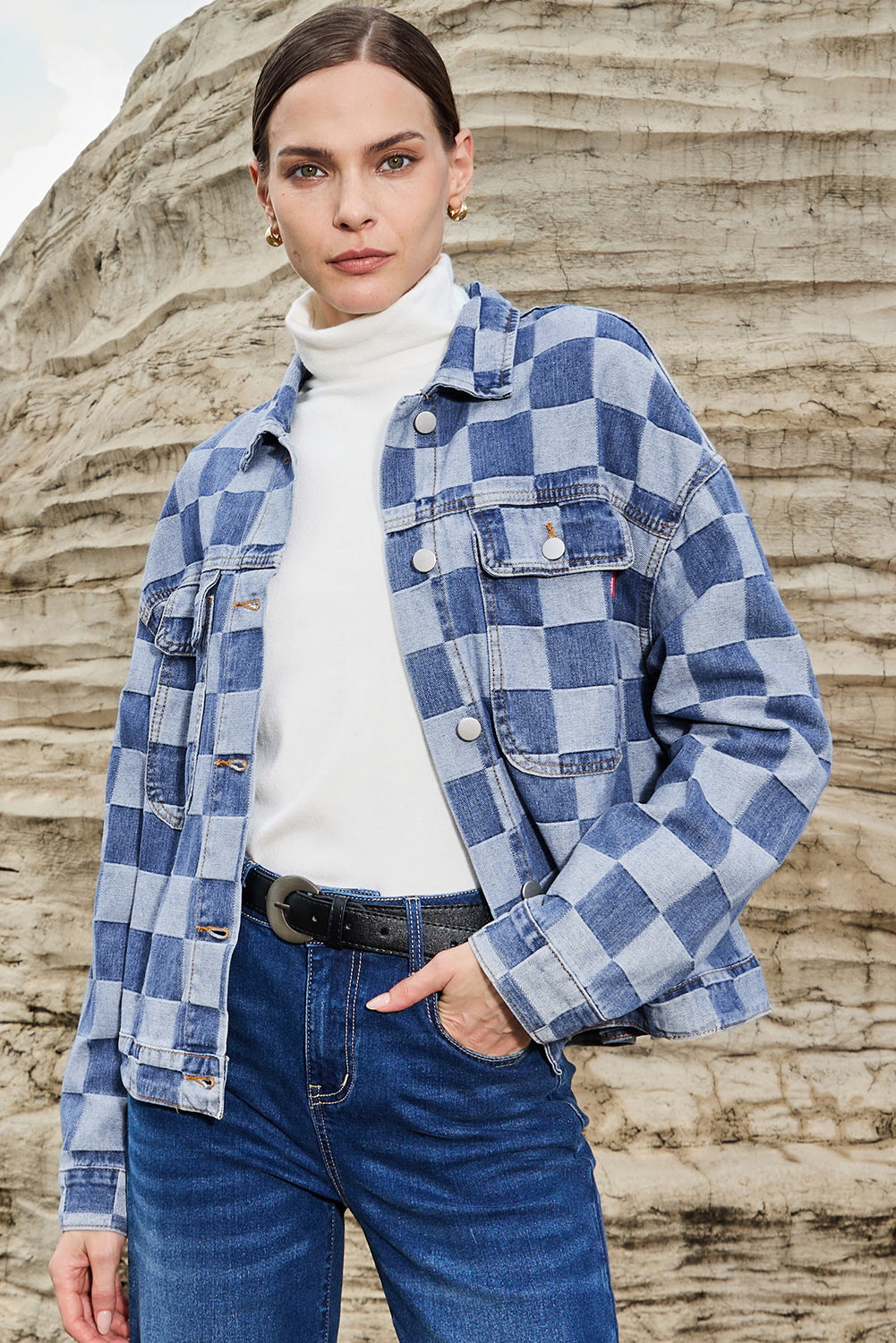 Light Blue Checkered Patchwork Button up Denim Jacket - Glimmer Road 