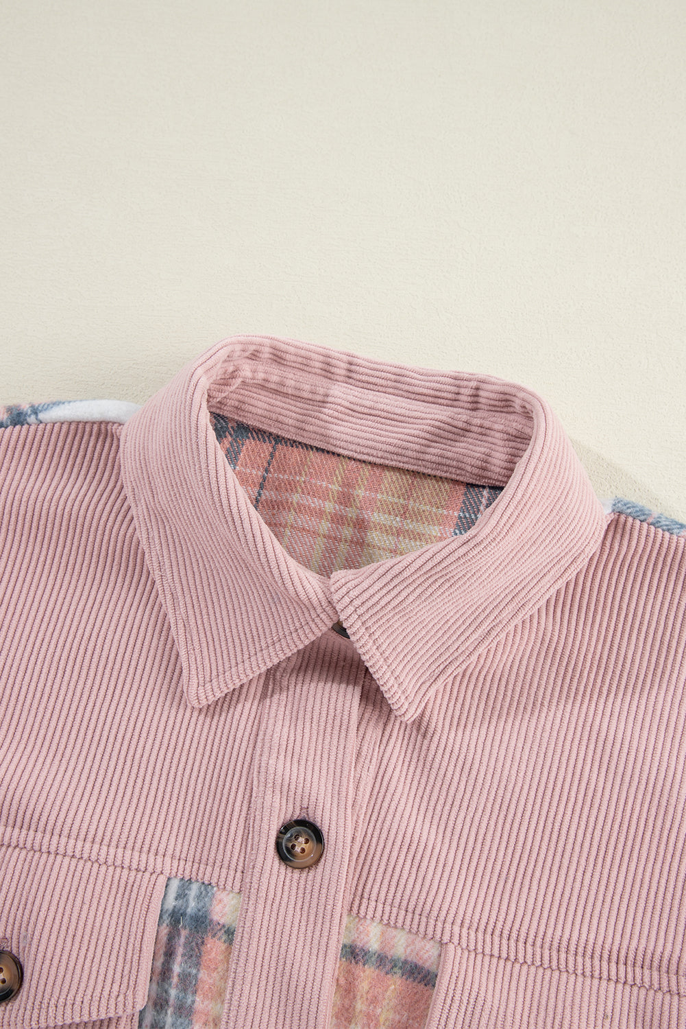 Light Pink Plaid Corduroy Patchwork Chest Pocket Shacket - Glimmer Road 