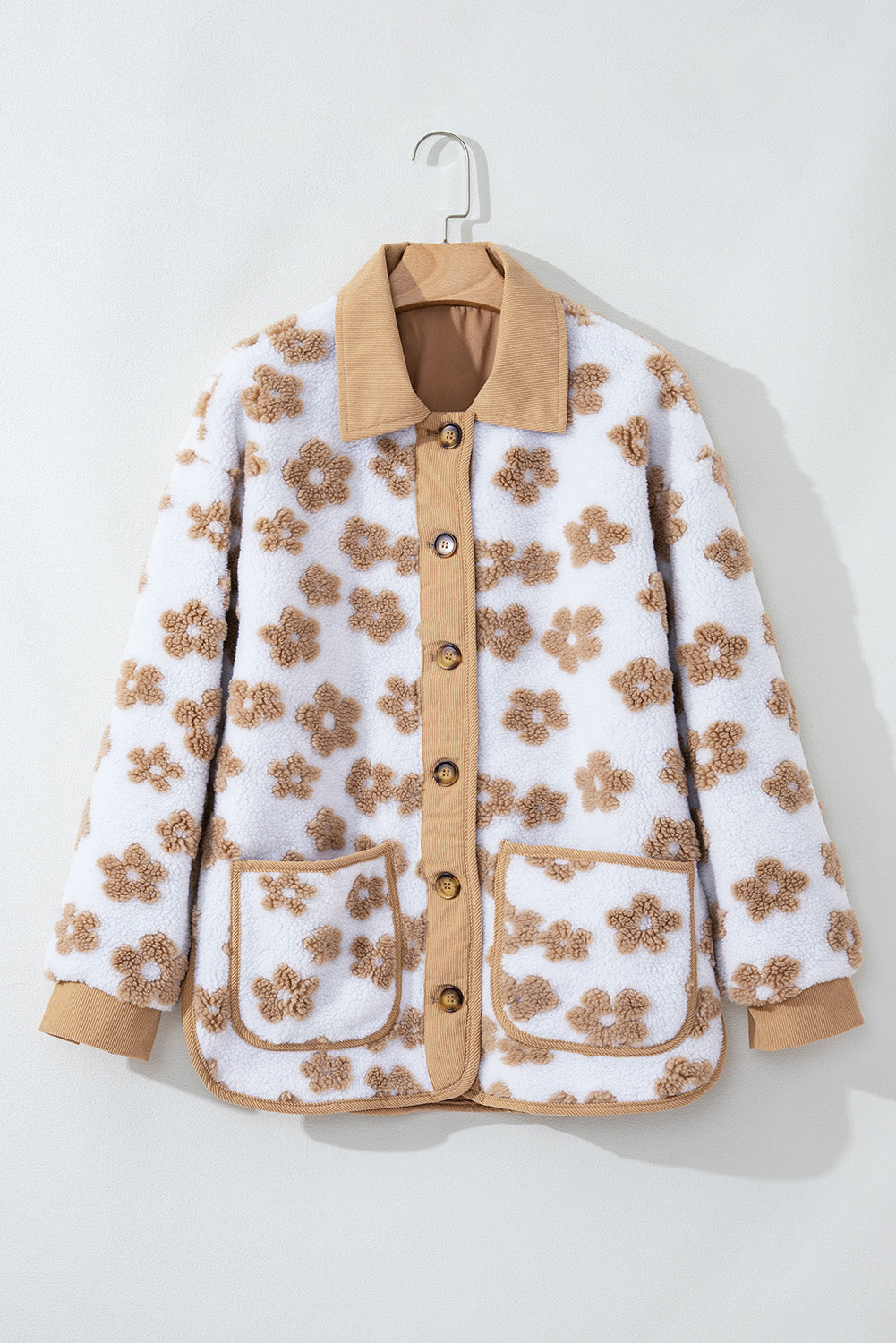 Light French Beige Cute Flower Pattern Button Up Fleece Jacket - Glimmer Road 