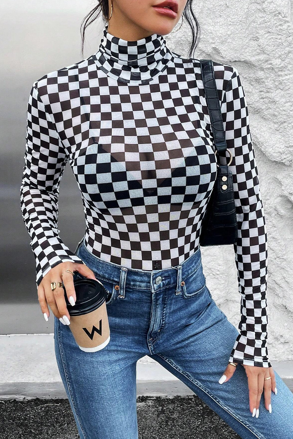 Brown Checkered Printed Long Sleeve High Neck Bodysuit - Glimmer Road 