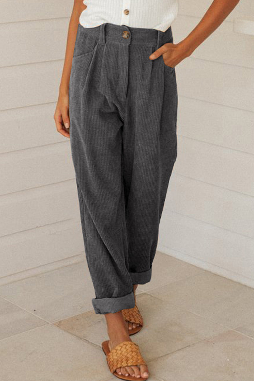 Gray Corduroy High Waist Straight Leg Pants - Glimmer Road 