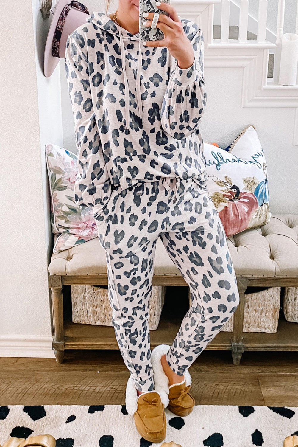 Khaki Leopard Print Drawstring Hoodie and Skinny Pants Lounge Set - Glimmer Road 
