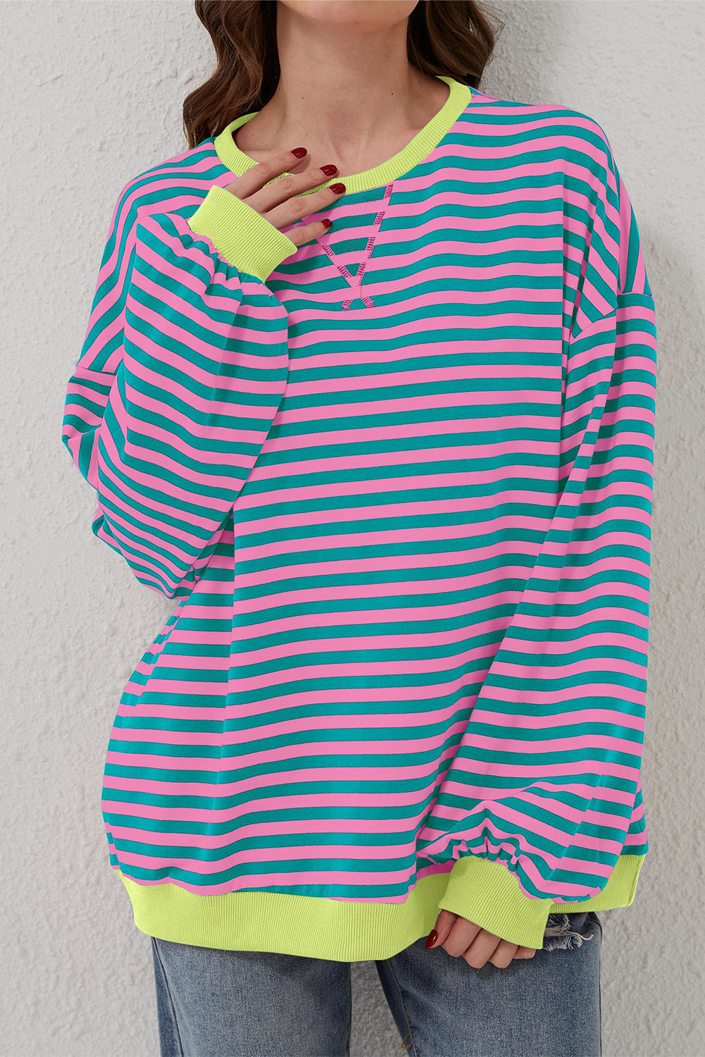 Green Stripe Oversized Contrast Trim Pullover Sweatshirt - Glimmer Road 