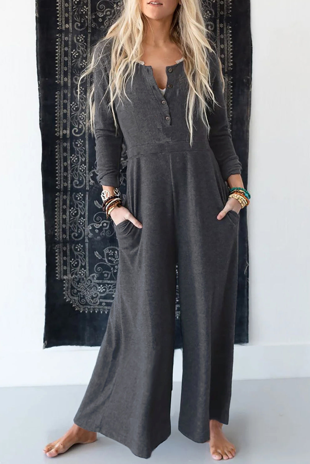 Gray Button Long Sleeve Wide Leg Jumpsuit - Glimmer Road 