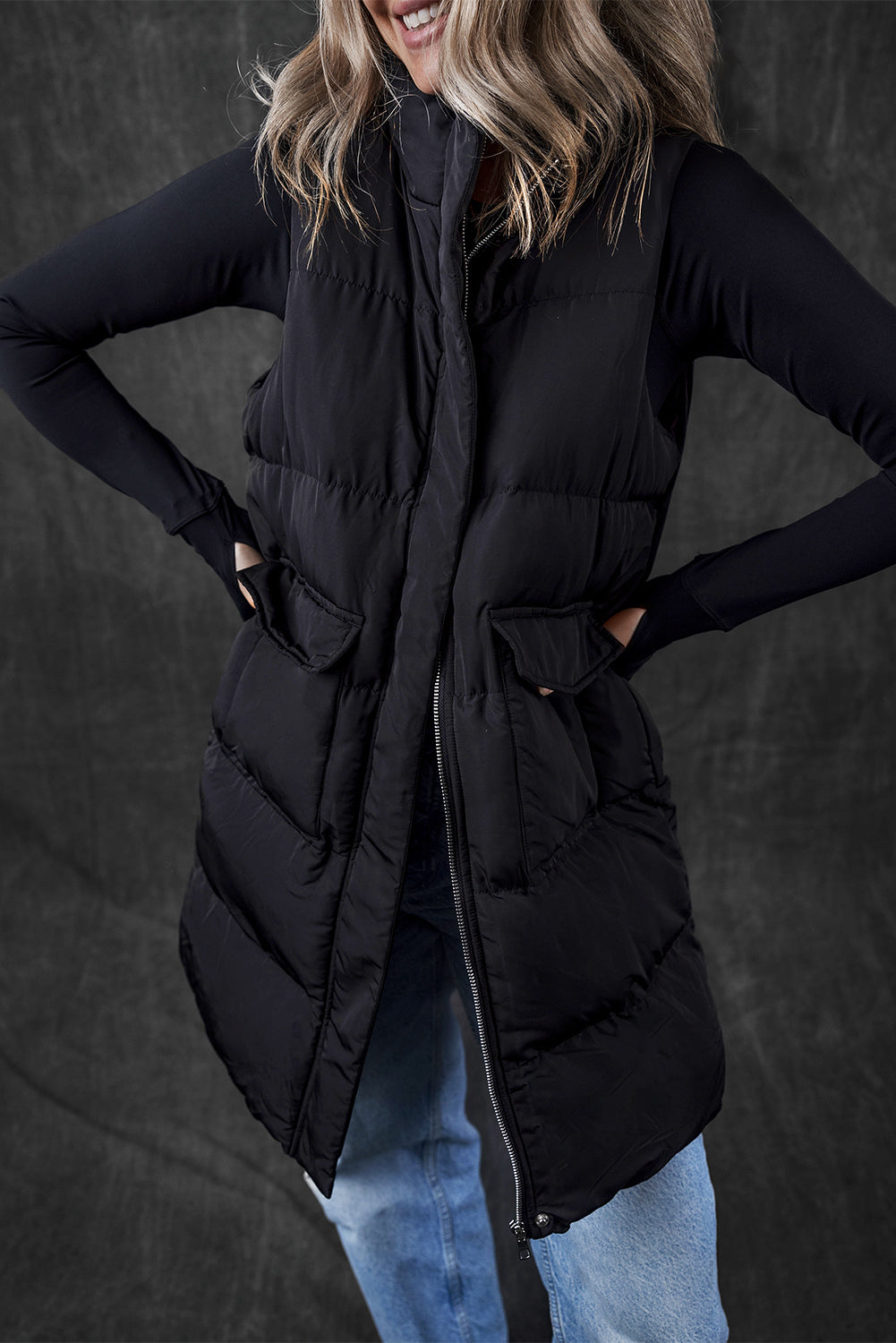 Coffee Windproof Longline Full Zipper Puffer Vest with Pockets