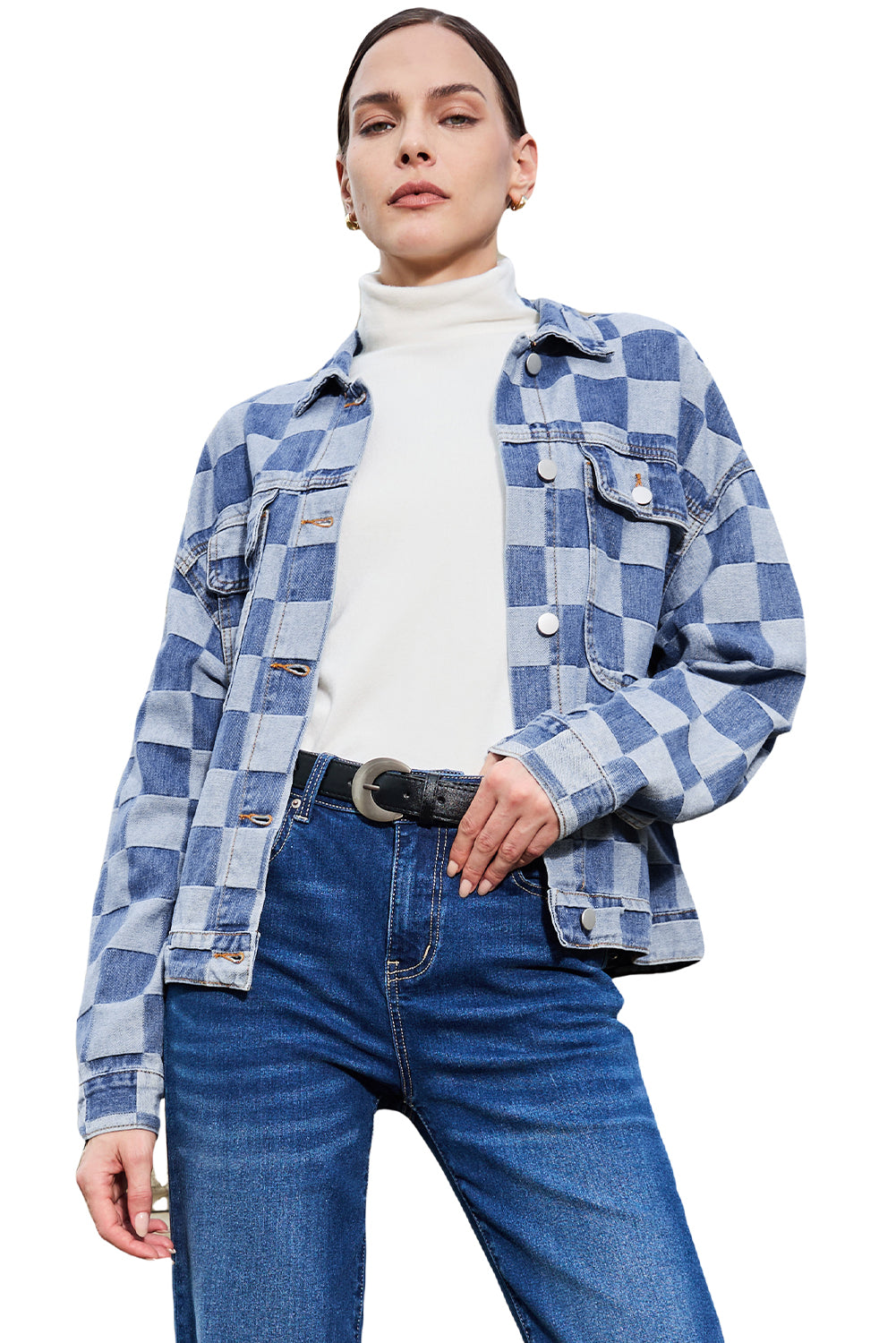 Light Blue Checkered Patchwork Button up Denim Jacket - Glimmer Road 