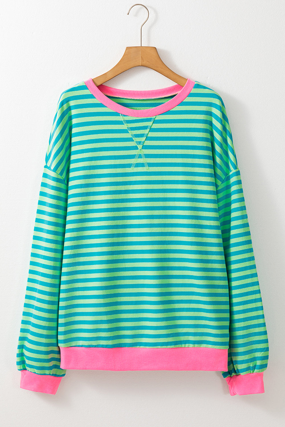 Sky Blue Stripe Oversized Contrast Trim Pullover Sweatshirt - Glimmer Road 