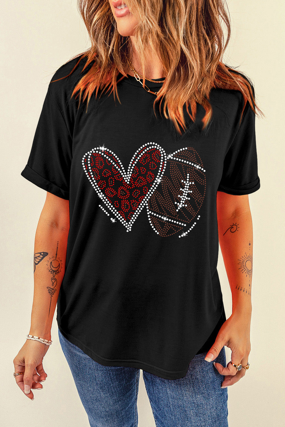 Black Rhinestone Rugby Football Heart Shape Graphic T Shirt - Glimmer Road 