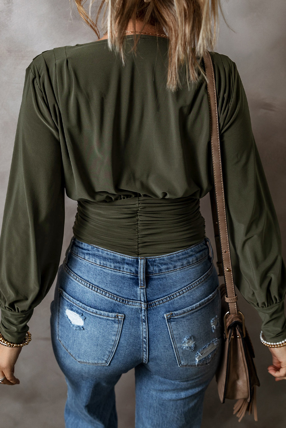 Moss Green Ruched Wrap V Neck Long Sleeve Bodysuit - Glimmer Road 