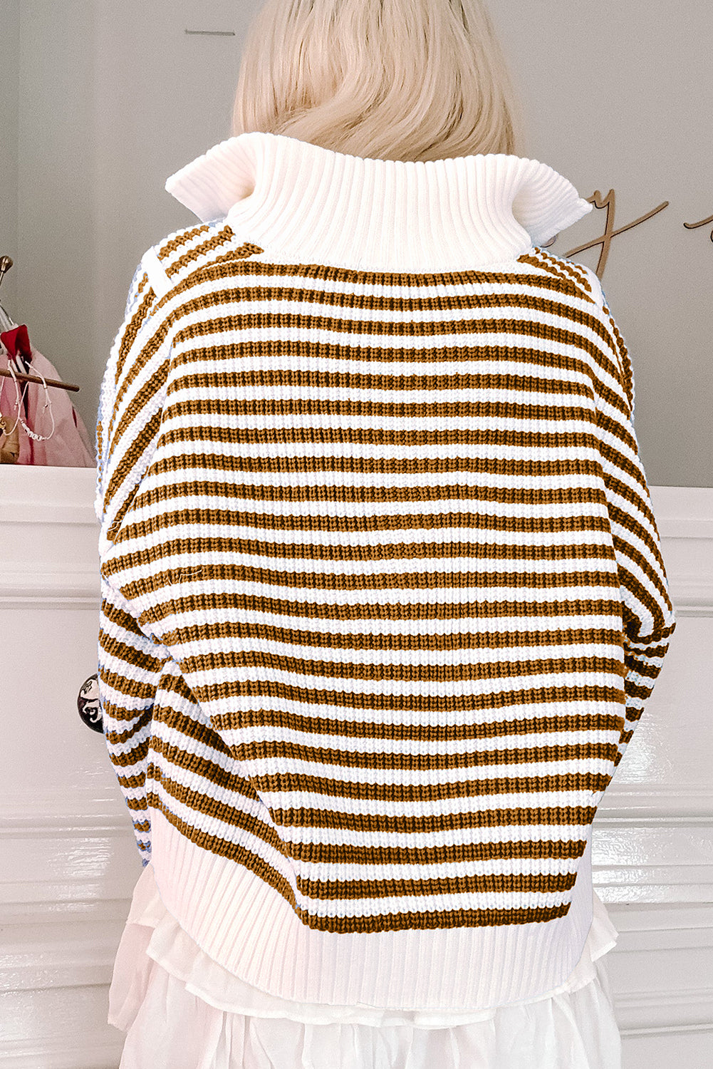 Khaki Stripe Zip up Collar Drop Shoulder Sweater