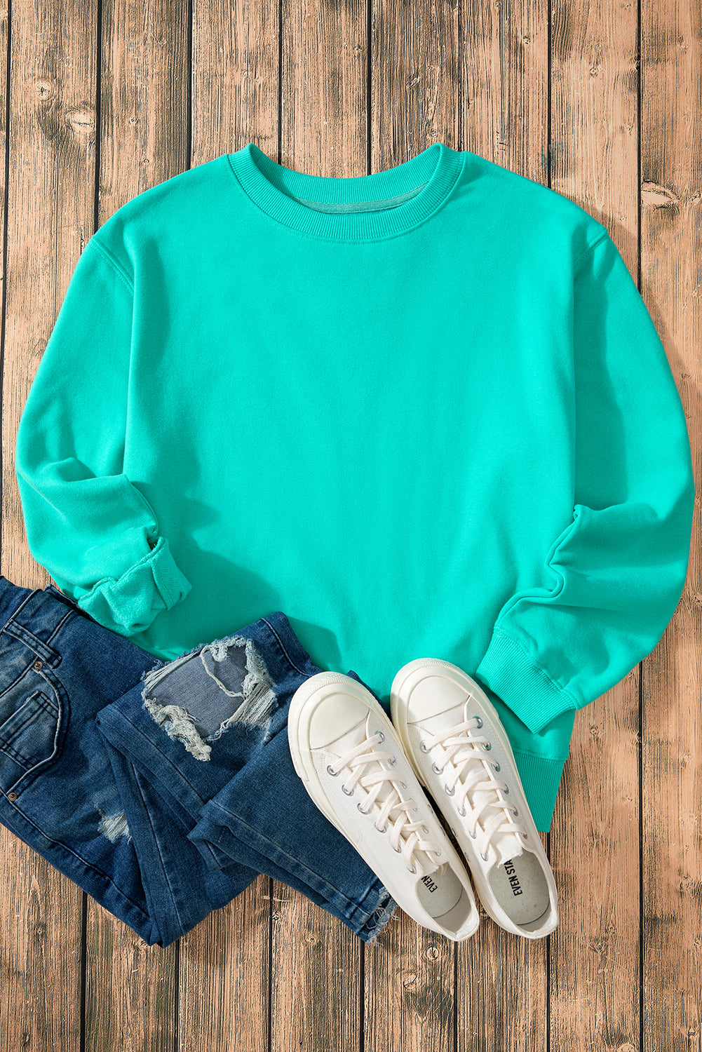 Smoke Green Solid Fleece Lined Drop Shoulder Terry Sweatshirt - Glimmer Road 