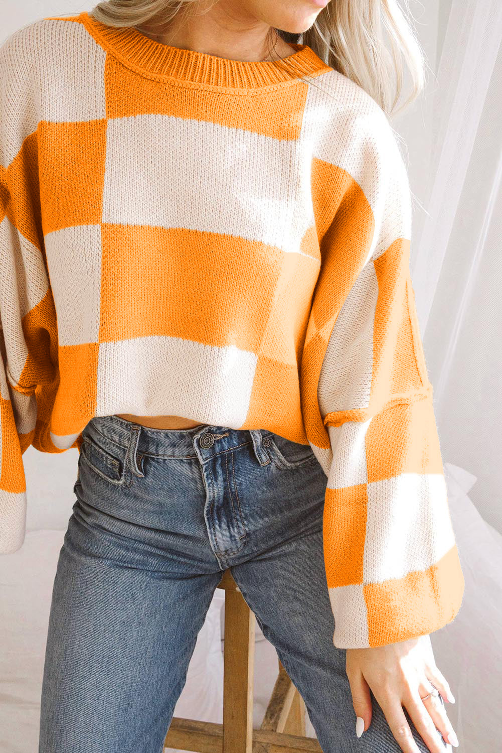 Orange Checkered Bishop Sleeve Sweater - Glimmer Road 