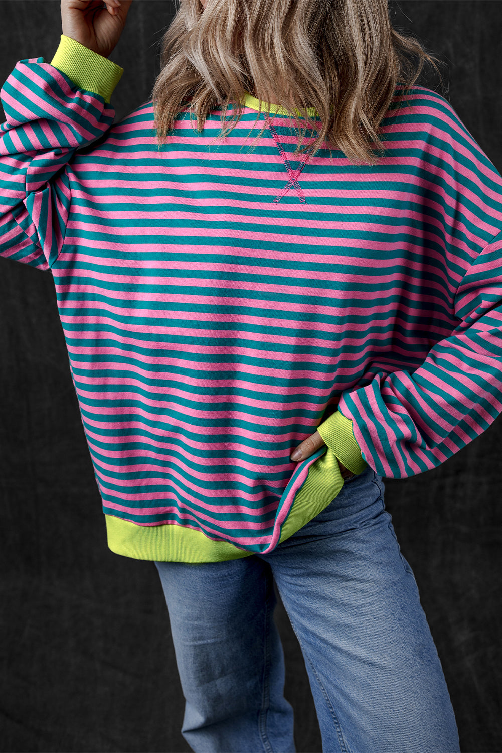 Green Stripe Oversized Contrast Trim Pullover Sweatshirt - Glimmer Road 