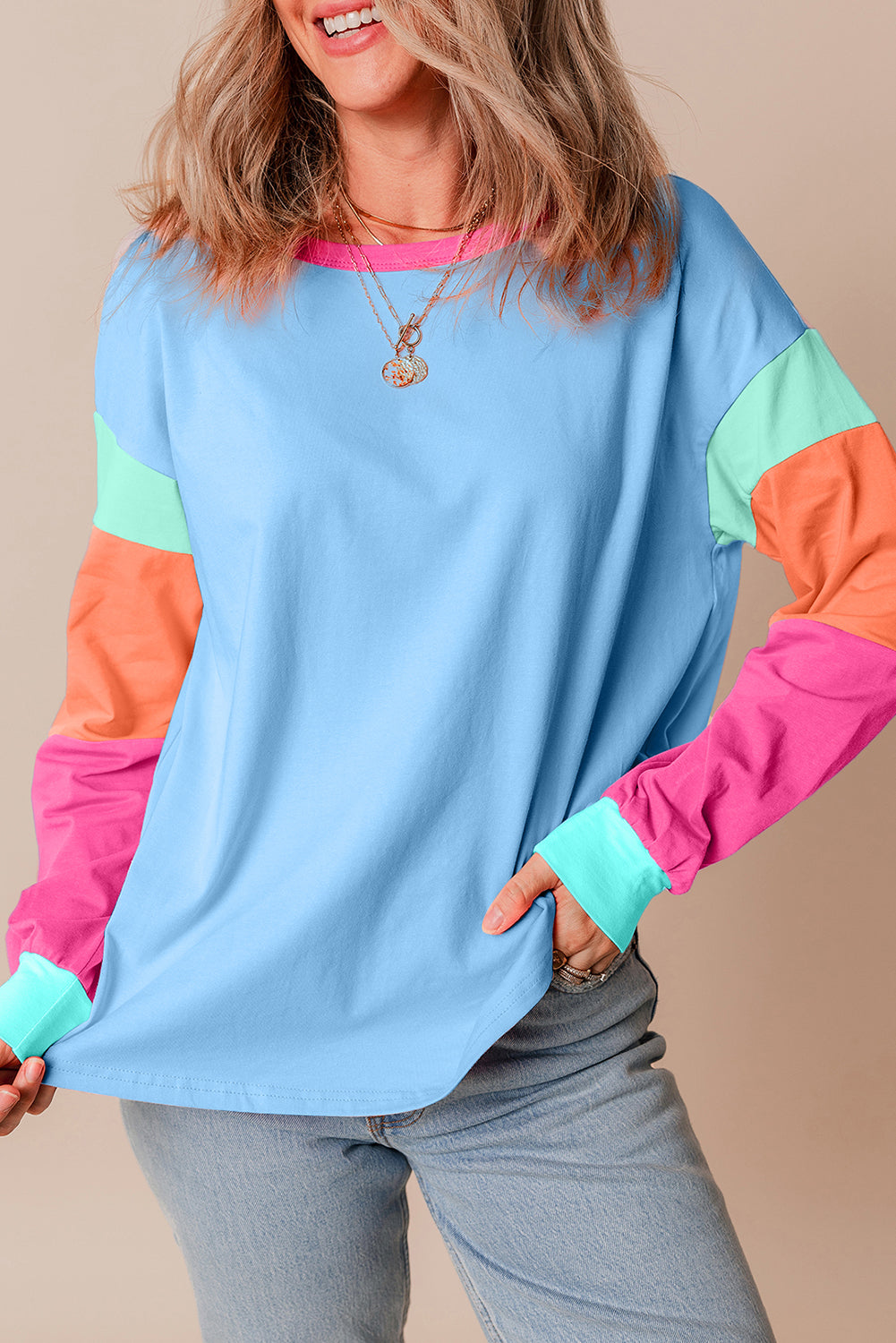 Dark Blue Colorblock Patchwork Long Sleeve Loose Top - Glimmer Road 