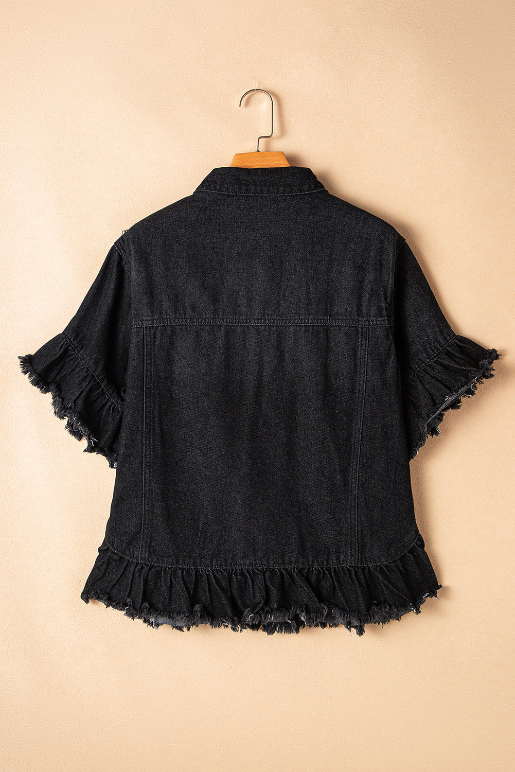 Black Raw Edge Ruffled Short Sleeve Denim Jacket - Glimmer Road 