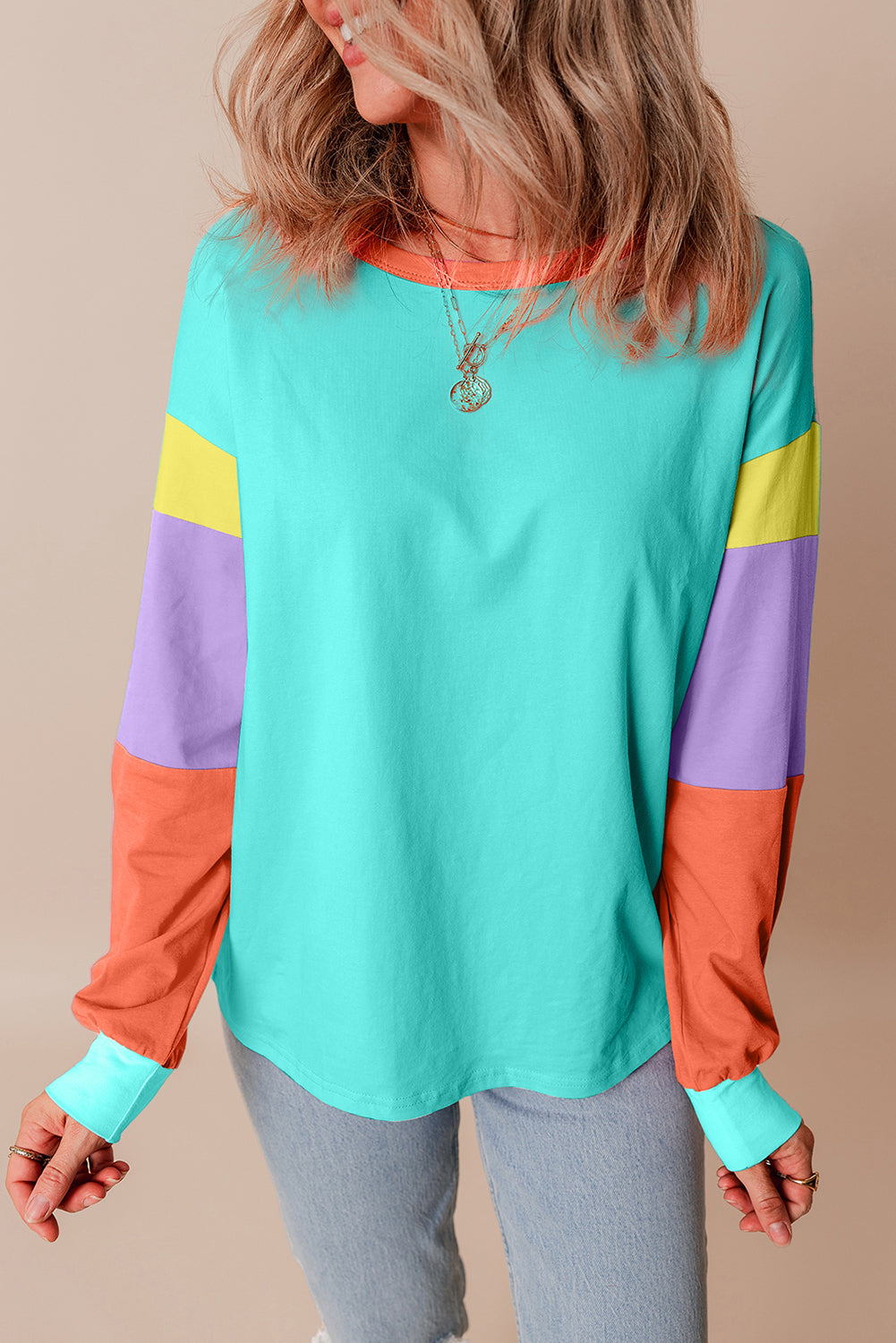 Light Blue Colorblock Patchwork Long Sleeve Loose Top - Glimmer Road 