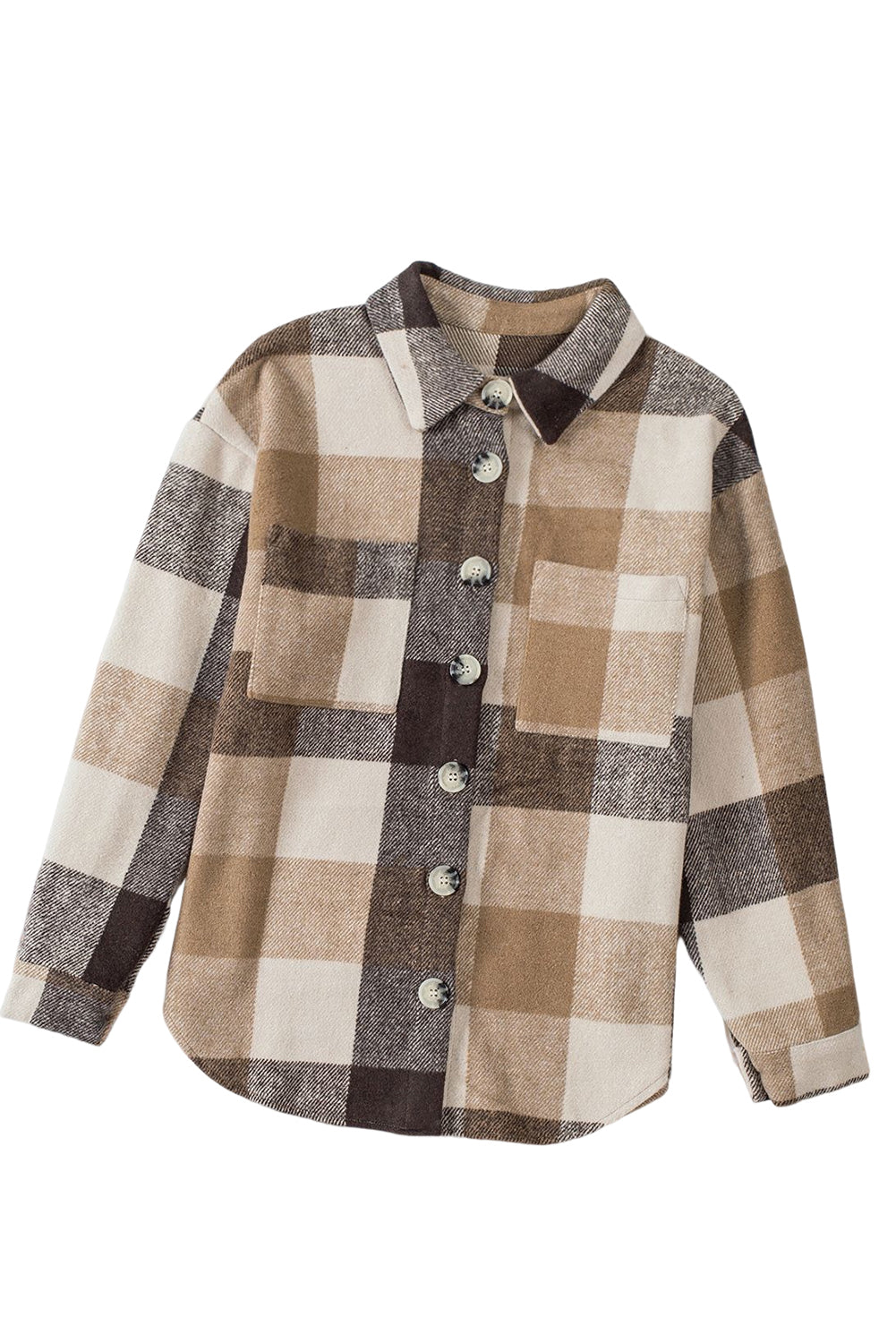 Khaki Plaid Color Block Buttoned Long Sleeve Jacket with Pocket - Glimmer Road 