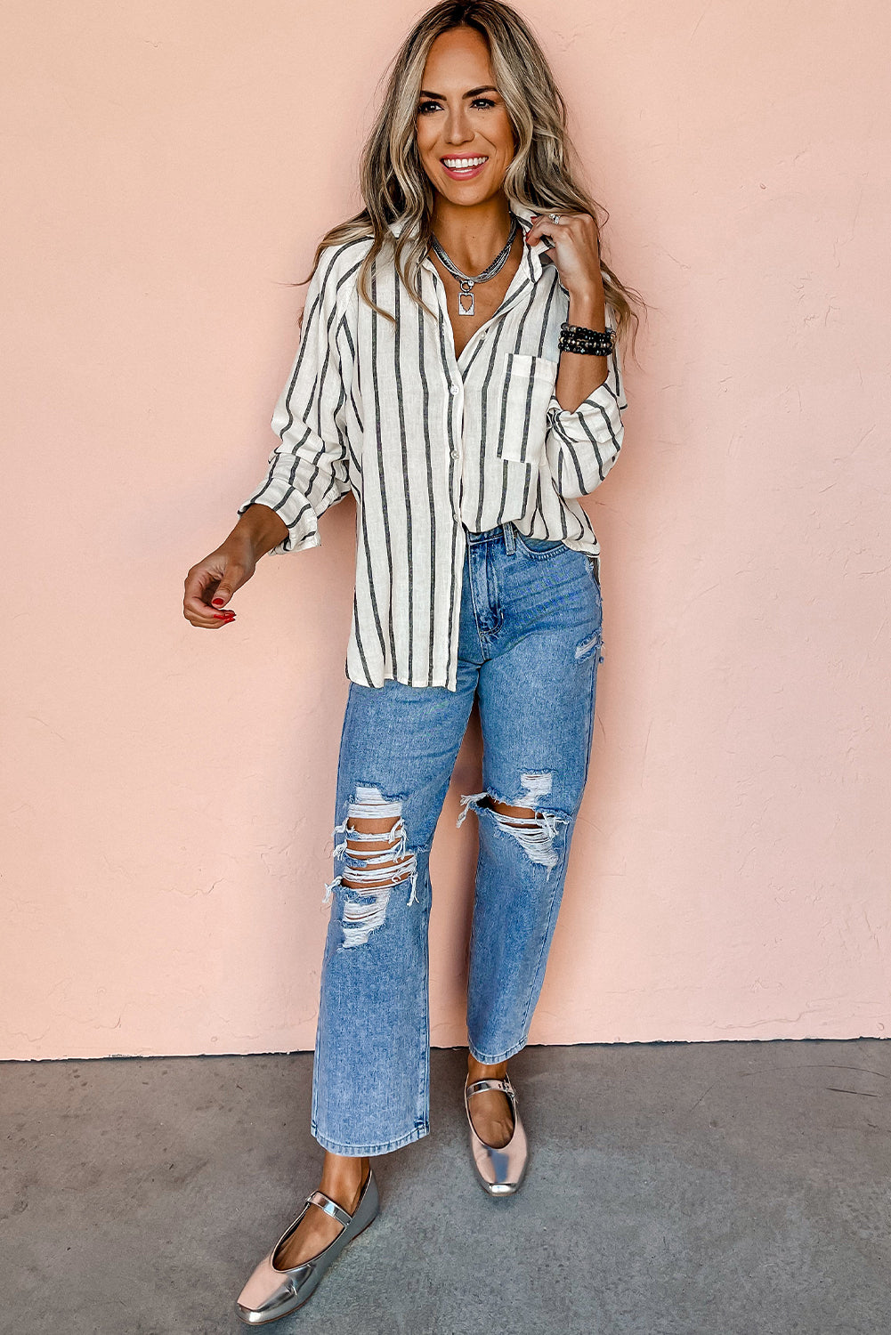 Black Stripe Chest Pocket Buttoned Oversized Shirt - Glimmer Road 