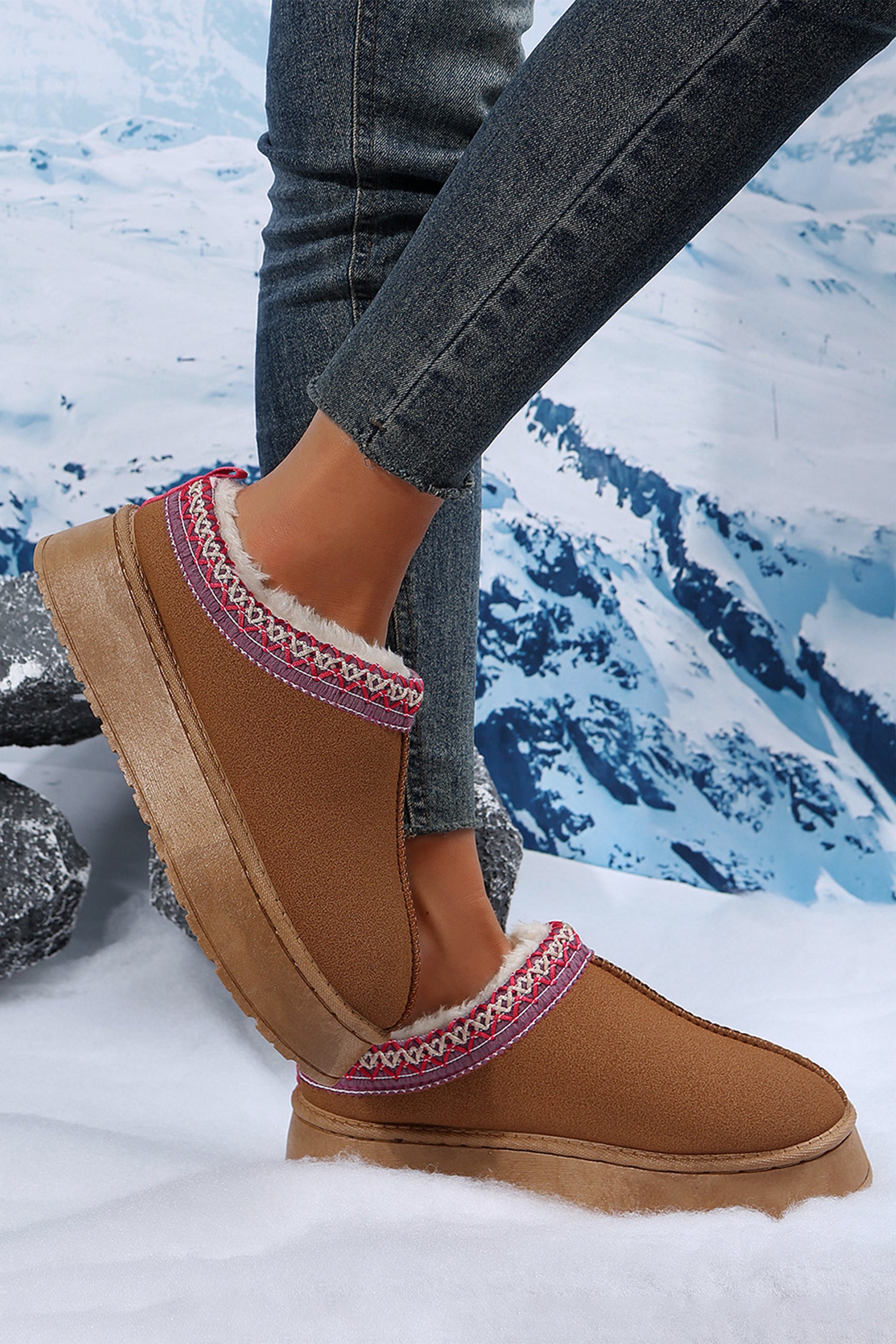 Chestnut Contrast Print Suede Plush Lined Snow Boots - Glimmer Road 