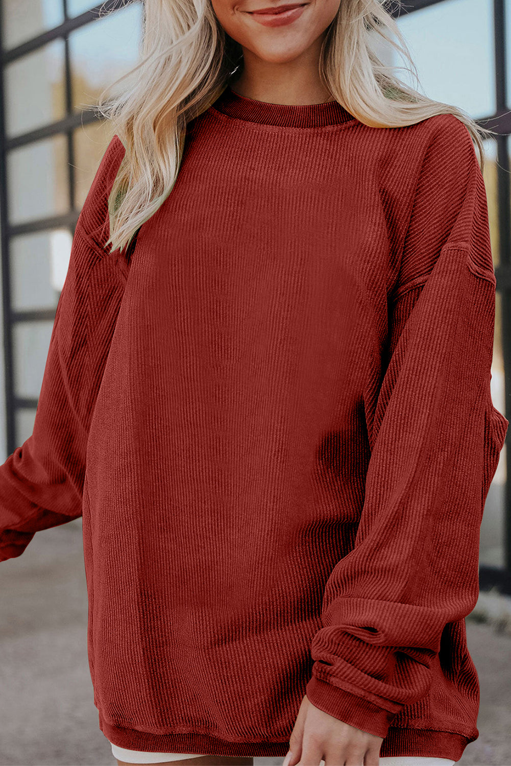 Racing Red Ribbed Corduroy Oversized Sweatshirt - Glimmer Road 