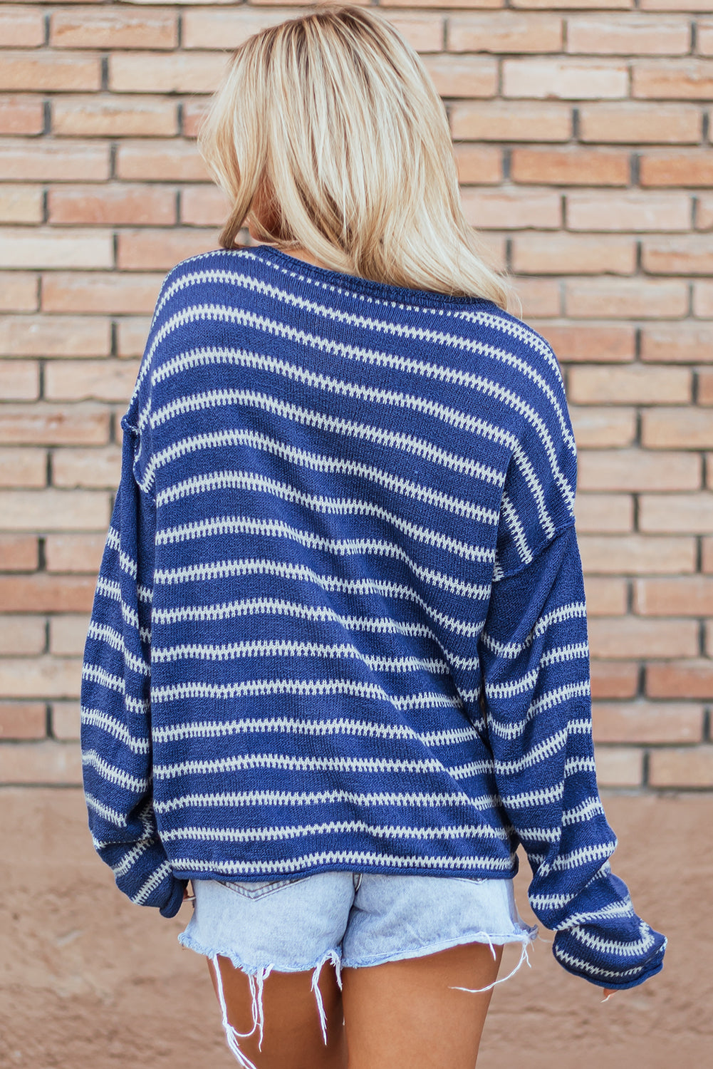 Sky Blue Stripe Drop Shoulder Casual Sweater - Glimmer Road 