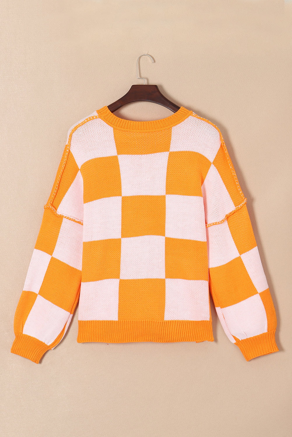 Orange Checkered Bishop Sleeve Sweater - Glimmer Road 