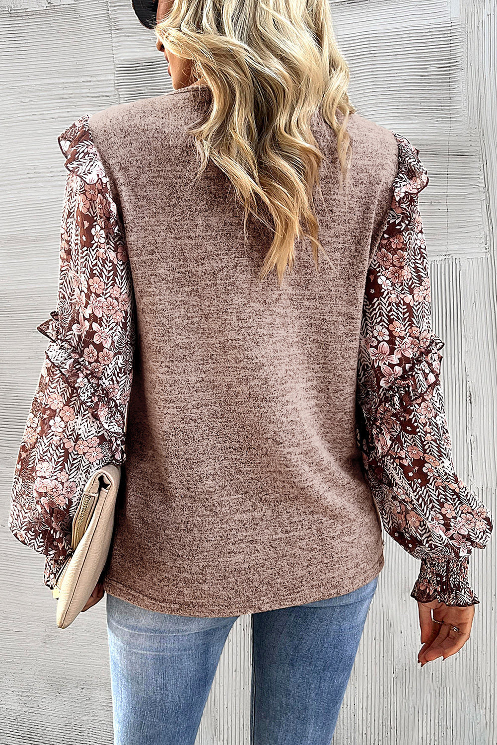 Pale Chestnut Ruffle Tiered Floral Sleeve Crew Neck Blouse - Glimmer Road 