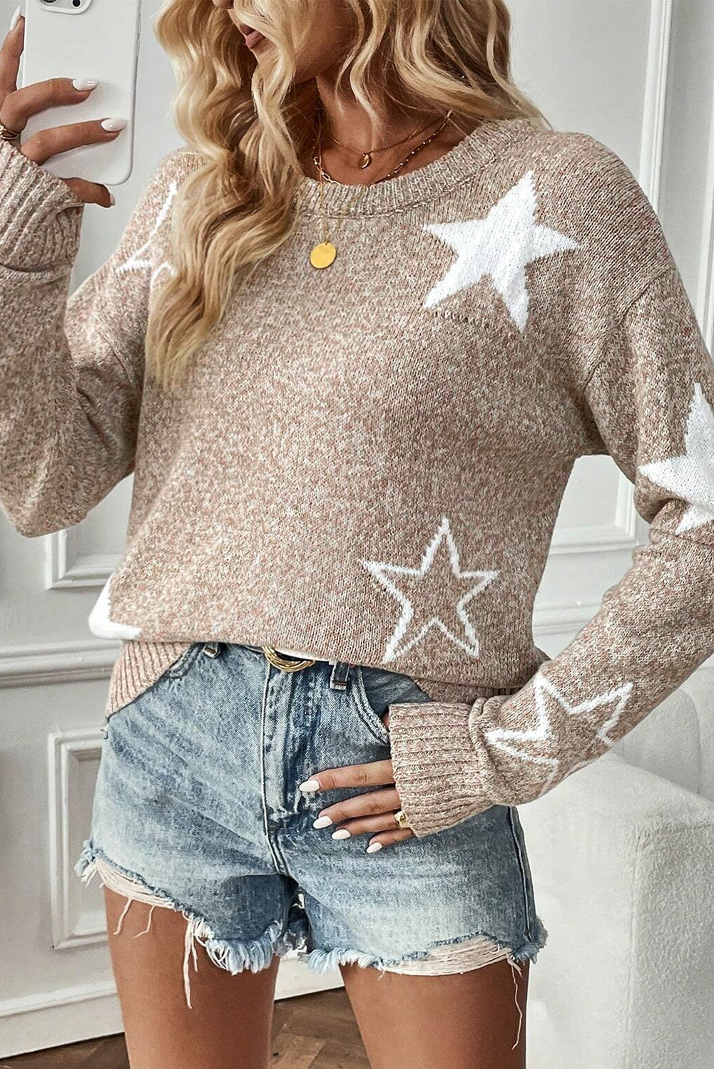 Khaki Star Pattern Drop Shoulder Sweater - Glimmer Road 