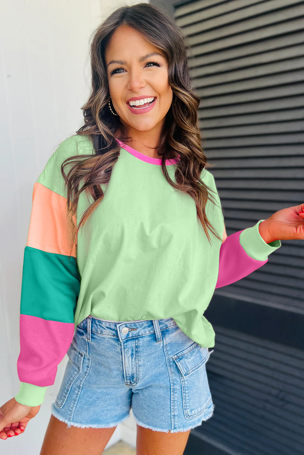 Green Colorblock Patchwork Long Sleeve Loose Top - Glimmer Road 