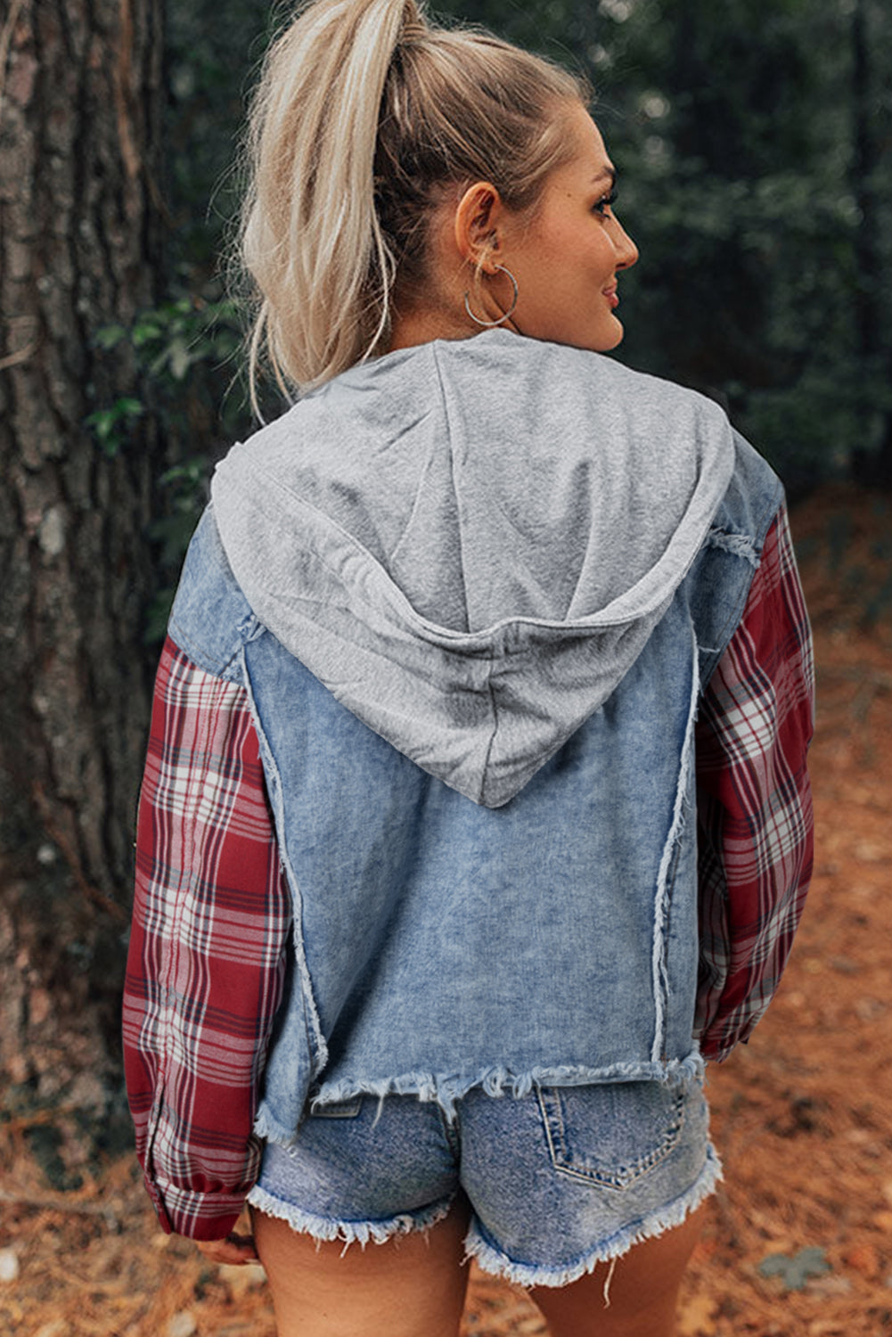 Beau Blue Plaid Print Patchwork Hooded Raw Hem Denim Jacket - Glimmer Road 