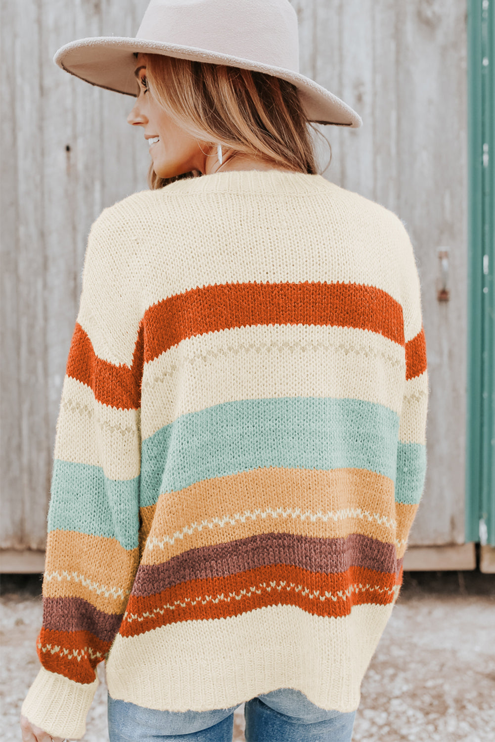 Crew Neck Drop-shoulder Striped Color Block Sweater - Glimmer Road 