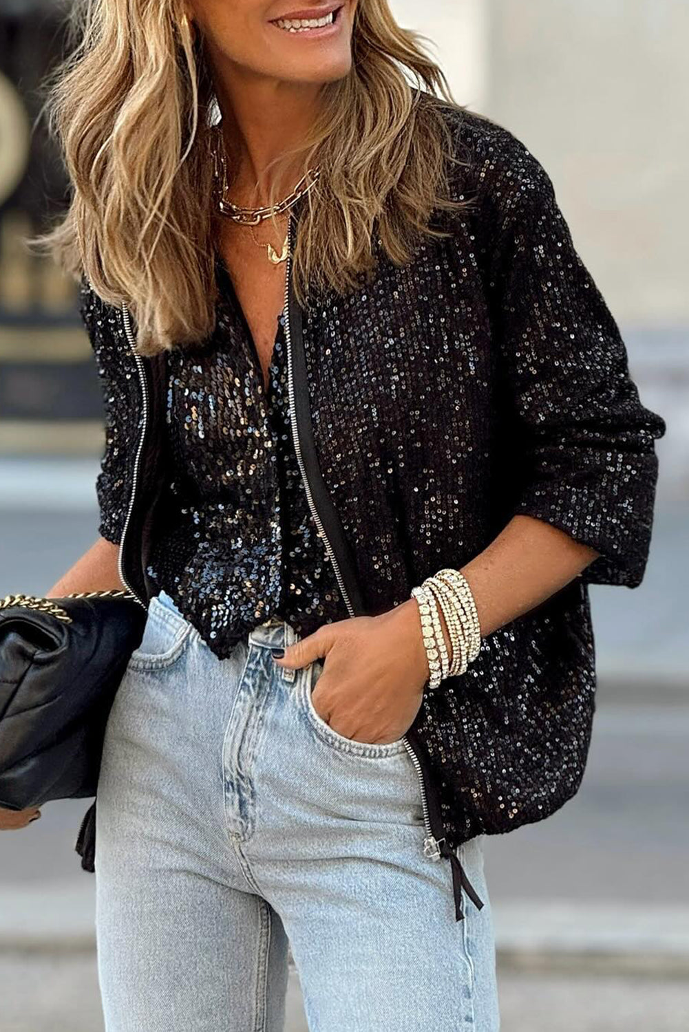 Apricot Sequin Zip up Round Neck Long Sleeve Jacket - Glimmer Road 