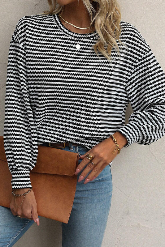 Black Stripe Round Neck Drop Shoulder Long Sleeve Top - Glimmer Road 