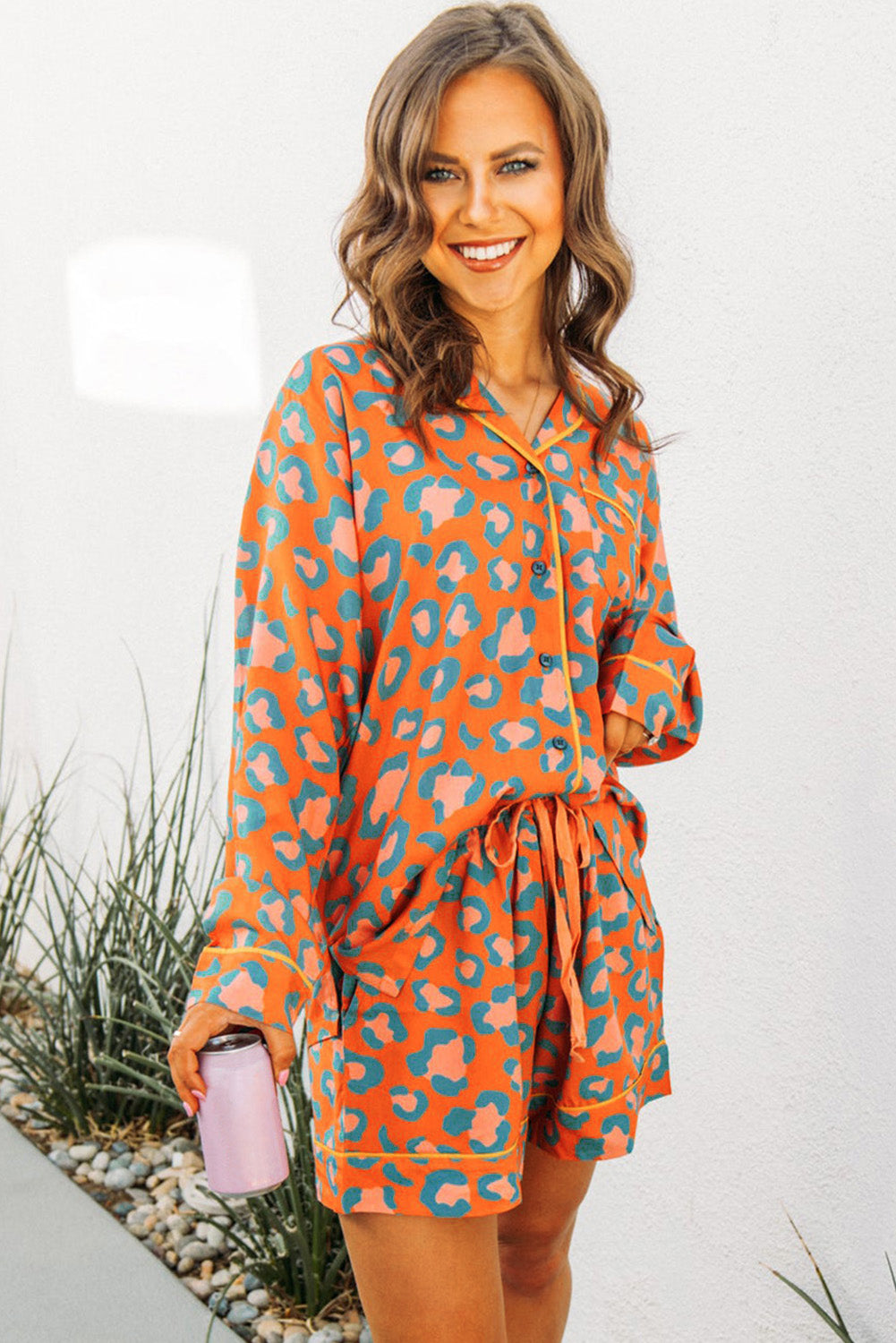 Orange Leopard Print Long Sleeve Shirt and Shorts Pajama Set